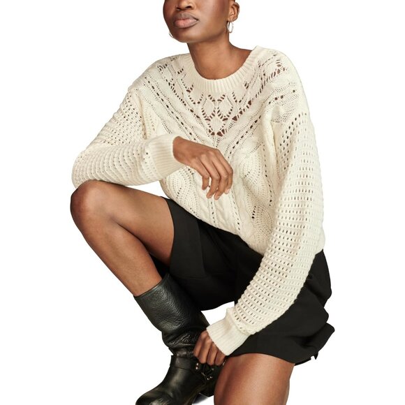 Women's Romantic Crew Neck Sweater Tofu Large Acrylic Long Sleeve Ribbed - Picture 4 of 5